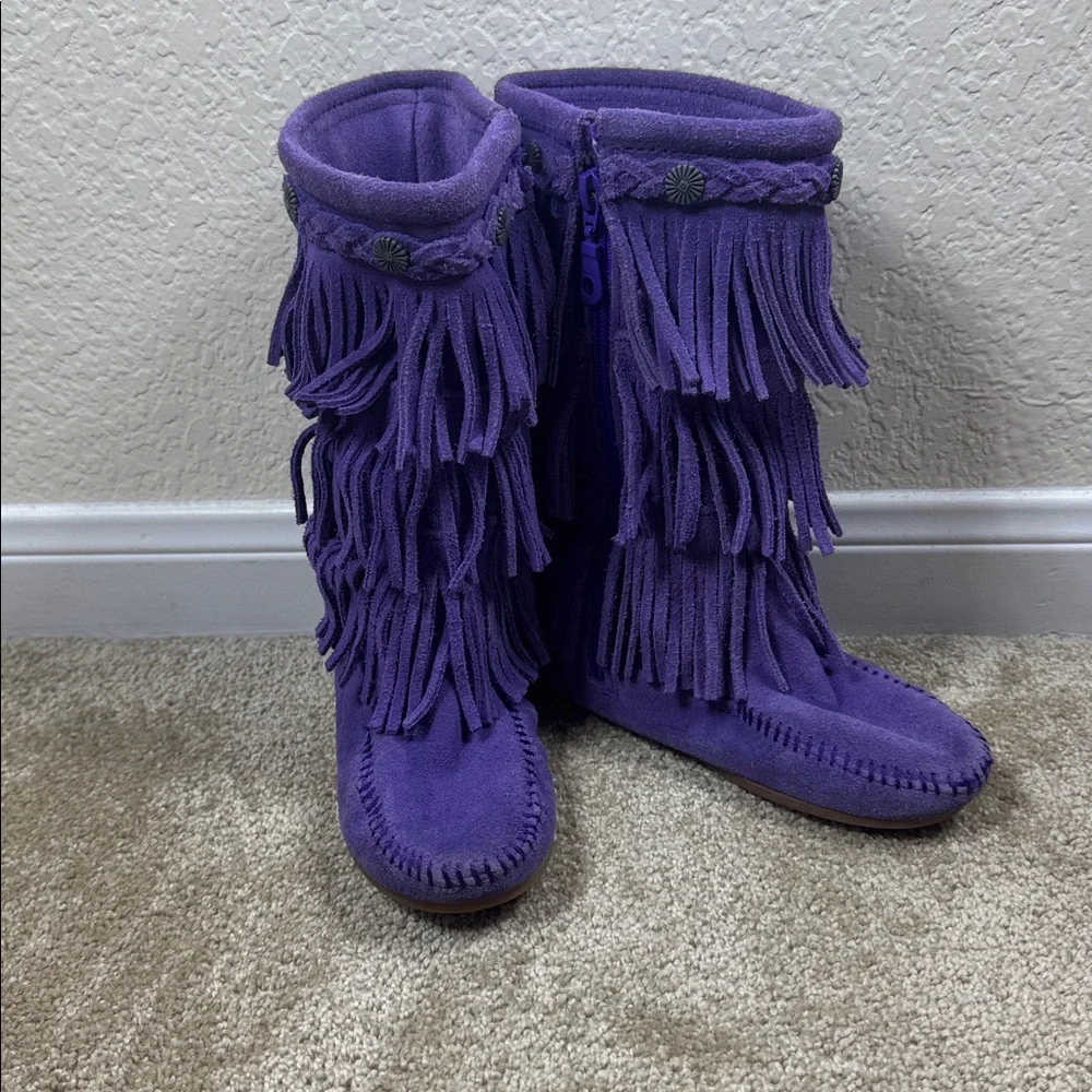 Minnetonka 3-Layer Fringe Purple Suede‎ Moccasin Boots 2654S Womens 13 Kids 13